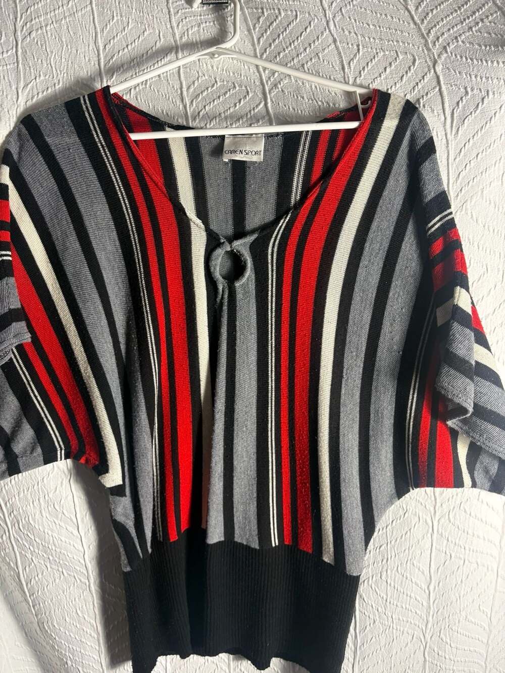 Caren Sport Striped Dolman Sleeve Knit Top Blouse Red Black Gray White Size 3X